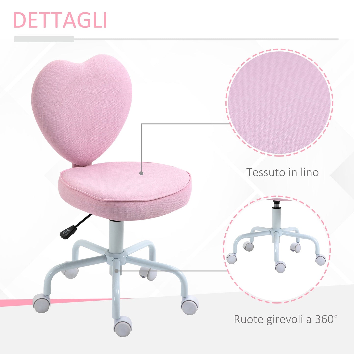 Heart-Shaped Desk Chair with 5 Wheels and Adjustable Height in Pink Fabric, 40x50x79-89cm