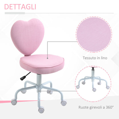 Heart-Shaped Desk Chair with 5 Wheels and Adjustable Height in Pink Fabric, 40x50x79-89cm