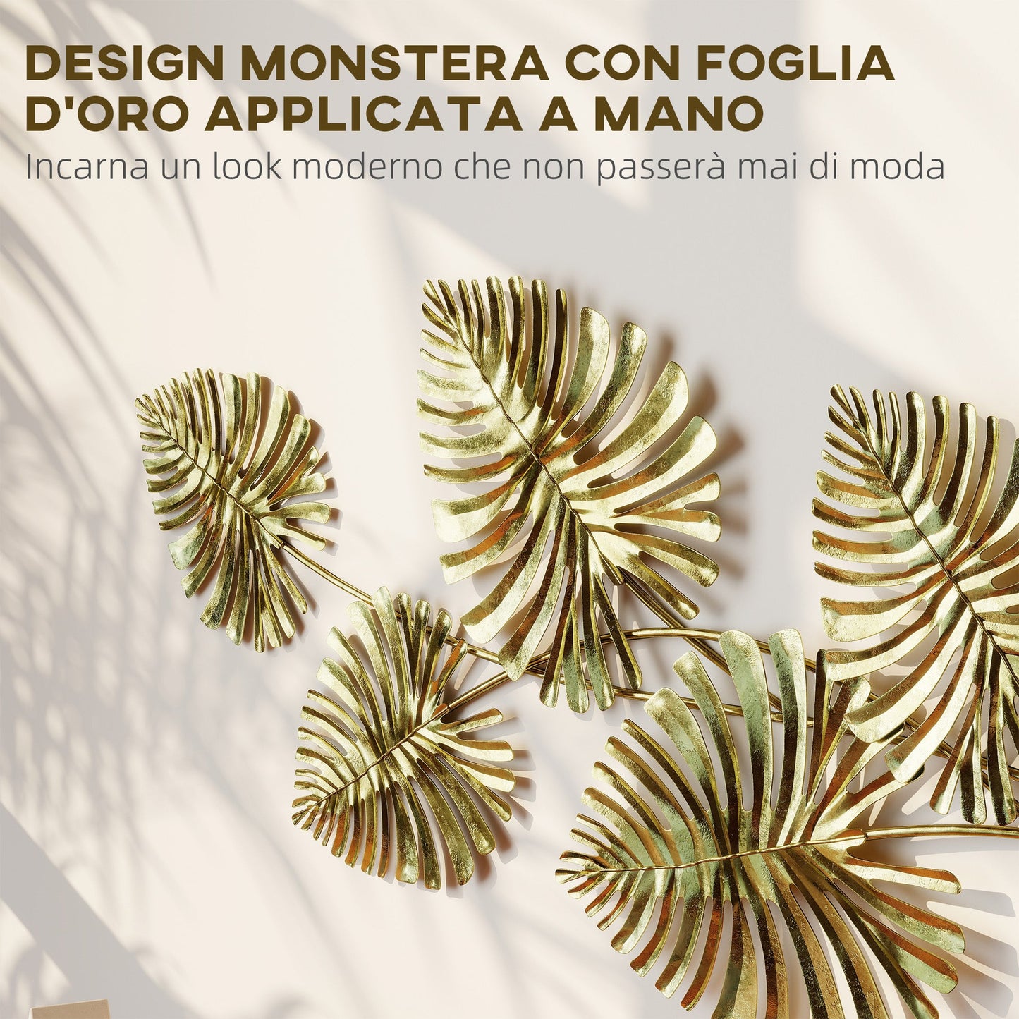 5-Leaf Monstera Wall Art in Gold Metal with Mounting Hardware Included, 83 x 2.5 x 39 cm