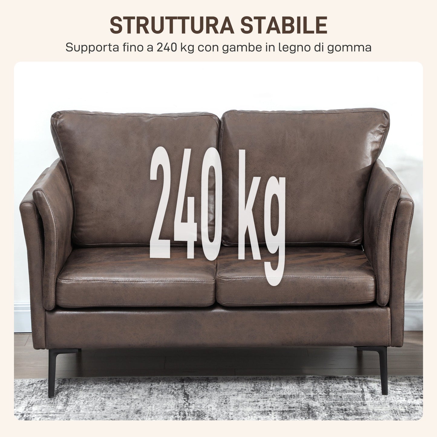 2-Seater Breathable Leather Sofa with Thick Padding and Metal Legs, 137x72x88 cm, Dark Brown