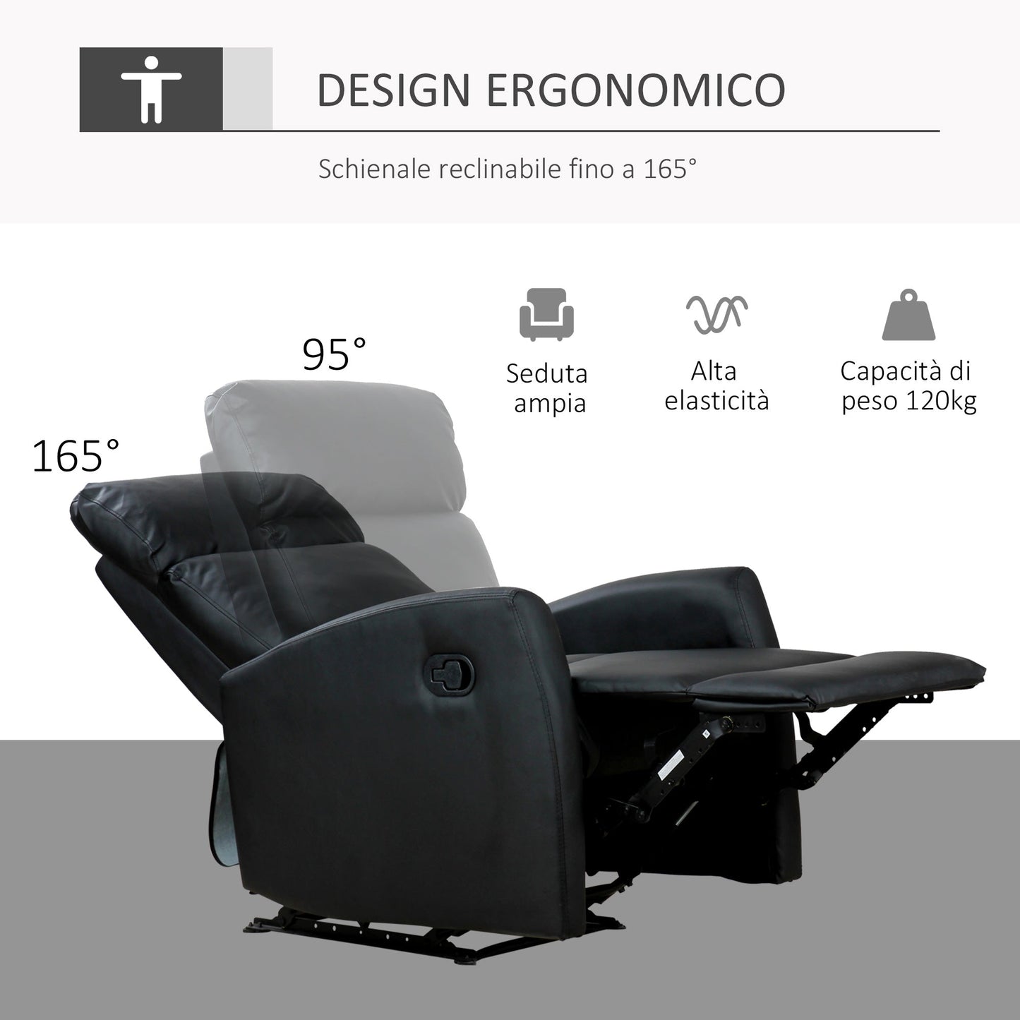 Reclining Relax Chair, Adjustable and Ergonomic, PU Leather with Padding, for Home and Office, 65x92x100 cm, Black