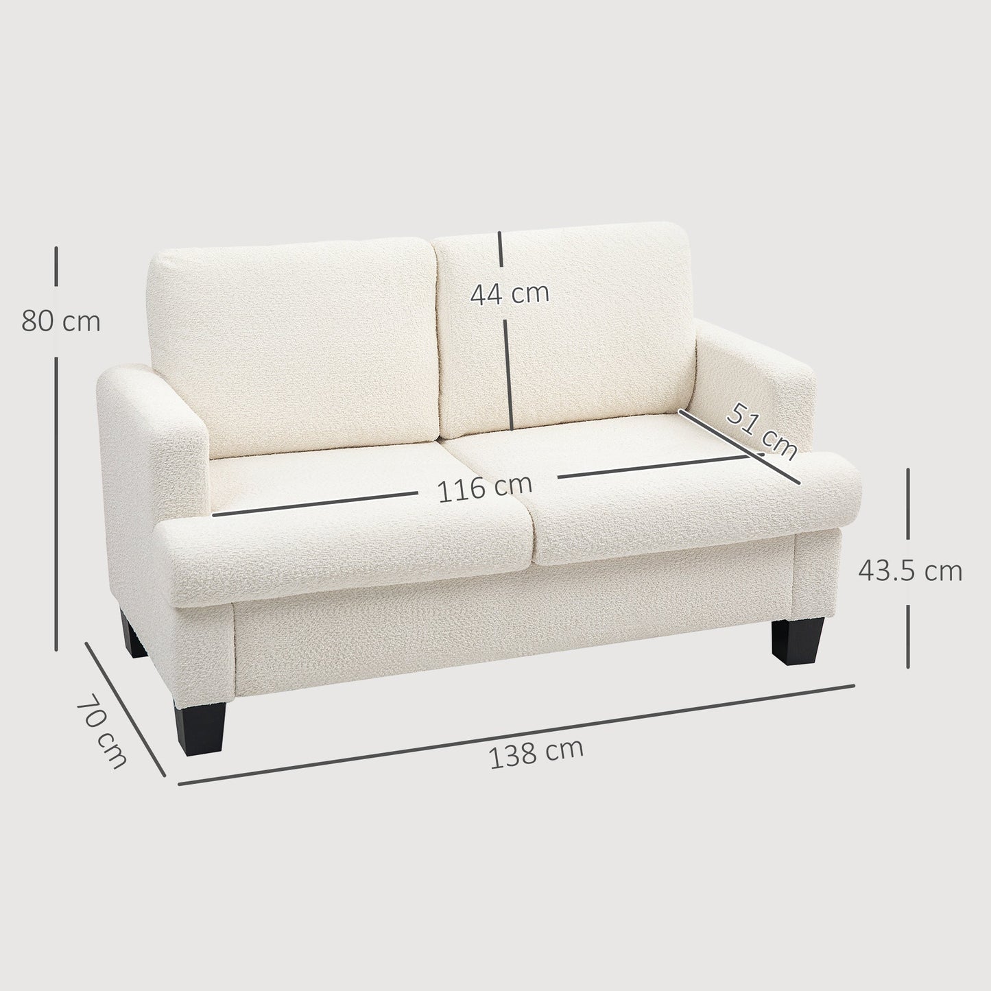 2 Seater Modern Chenille Sofa with Removable and Washable Cushions, 138x70x80 cm, Cream White