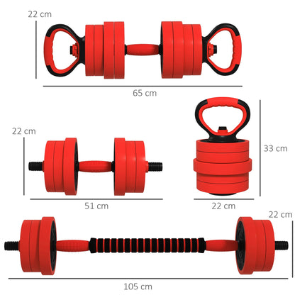 4-in-1 30kg Gym Weight Set, Convertible to Kettlebell, 2 Dumbbells, Barbell and Push-Up Stand, Red