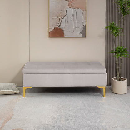 Bedside Storage Bench with Velvet Fabric and Golden Legs, 120x44x44.5cm, Light Grey