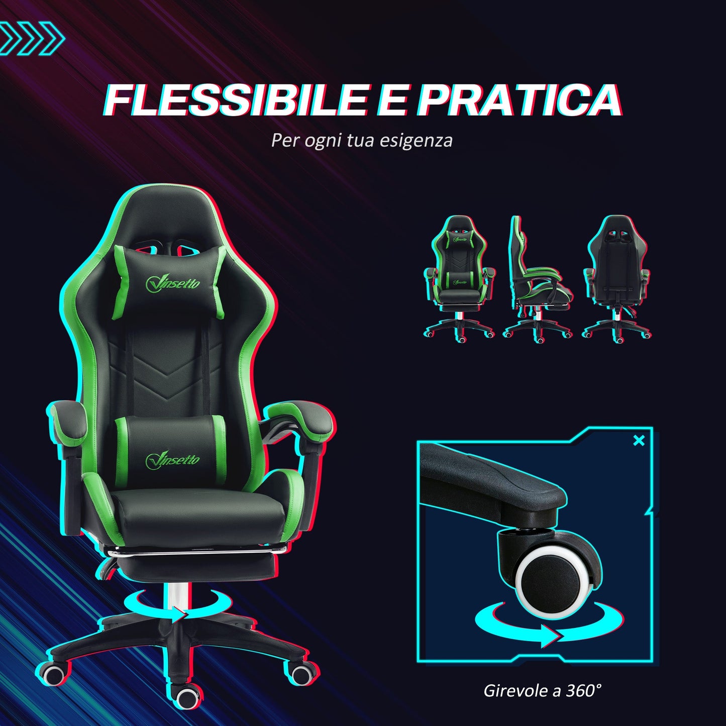 Gaming Chair with Adjustable Height and Reclining Backrest, 65x65x121-129 cm, Black and Green