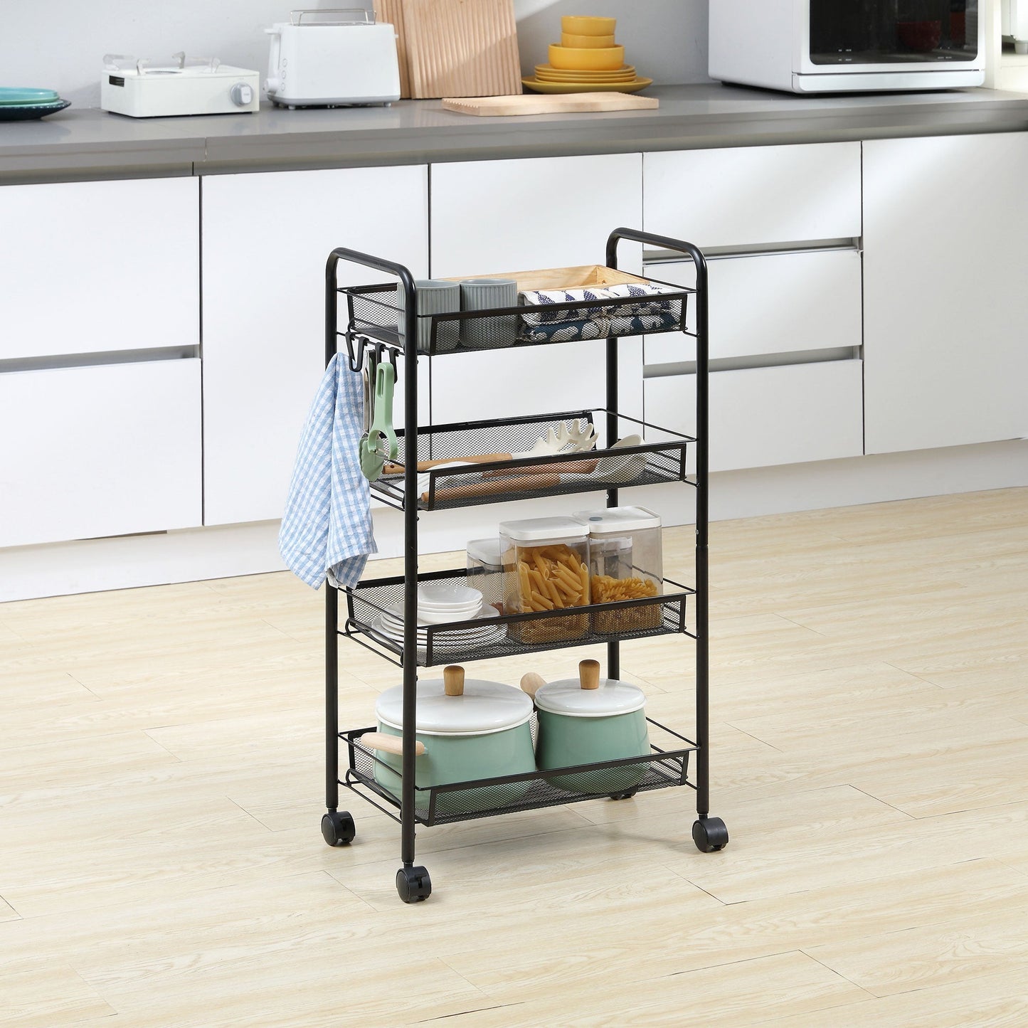 Tier Removable Kitchen Cart with 4 Hooks and Wheels, Steel and PP Plastic, 45x26. 5x84 cm, Black