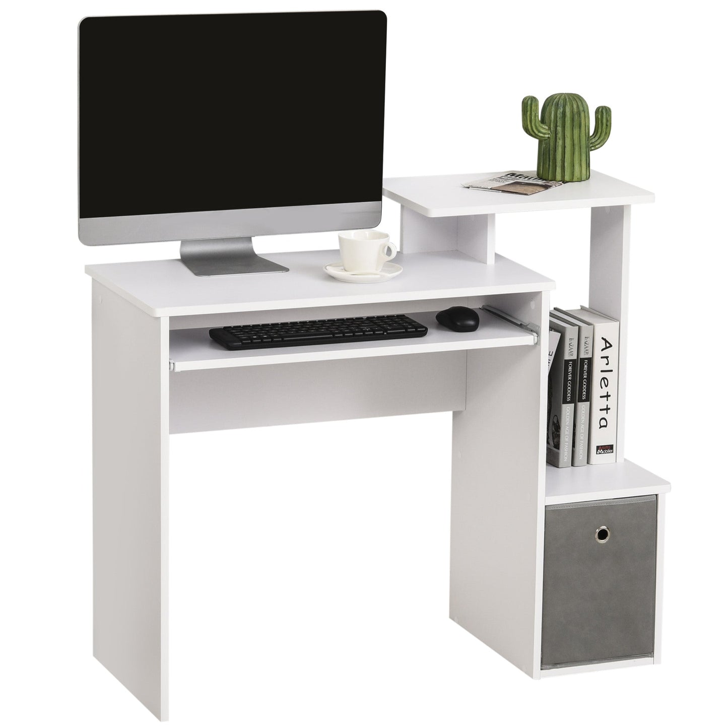 Modern PC Desk with Keyboard Shelf, Fabric Shelf and Drawer, Wooden, 100x40x86.6cm, White