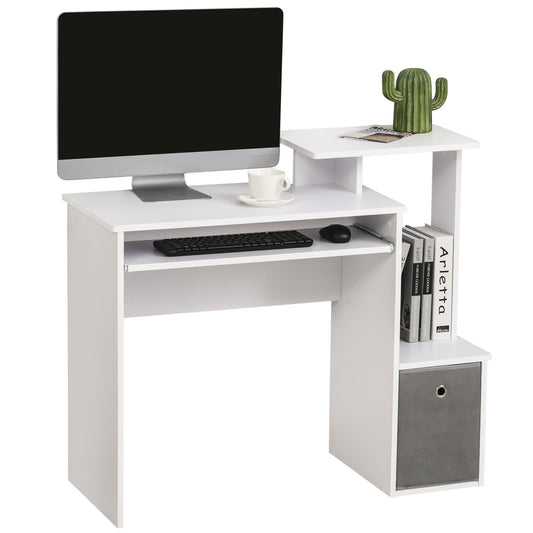 Modern PC Desk with Keyboard Shelf, Fabric Shelf and Drawer, Wooden, 100x40x86.6cm, White