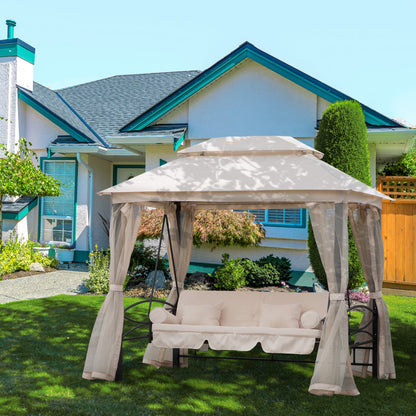 3-Seater Swing and Single Sun Lounger Gazebo Cover with Mosquito Net and Cushions 256x172x248cm Cream