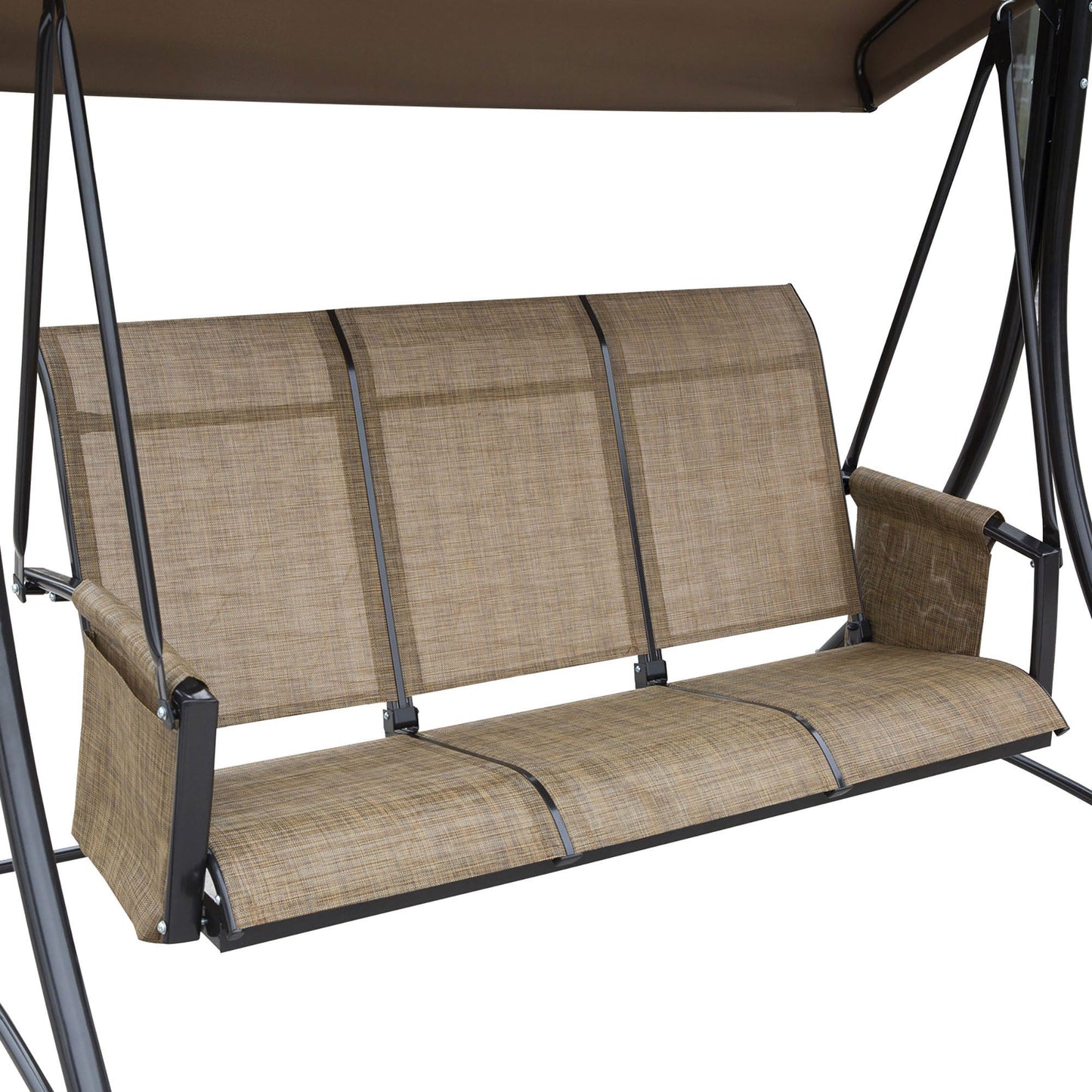 3-Seater Garden Swing with Adjustable Canopy and Storage Pockets, Brown, 196 x 128 x 172 cm
