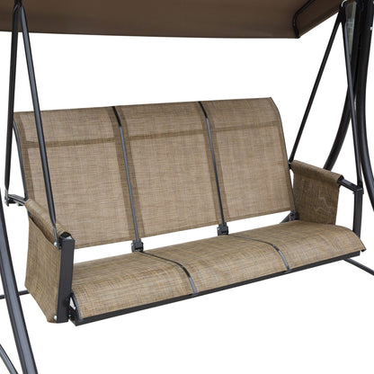 3-Seater Garden Swing with Adjustable Canopy and Storage Pockets, Brown, 196 x 128 x 172 cm