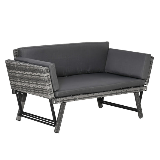 2 Seater Rattan Garden Sofa with Padding and Folding Armrests, 129x63x67cm, Grey