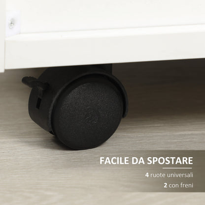 Wooden Office Chest with 4 Drawers, Wheels and Raised Edges, 40x36x65cm, White