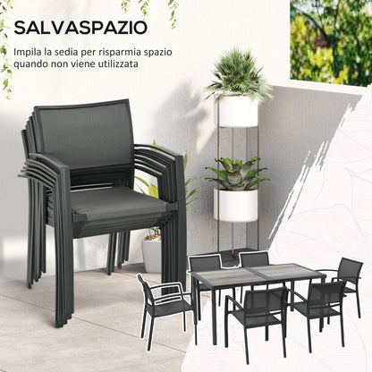 Garden Set with 6 Stackable Mesh Fabric Chairs and Wood Effect Table, Grey