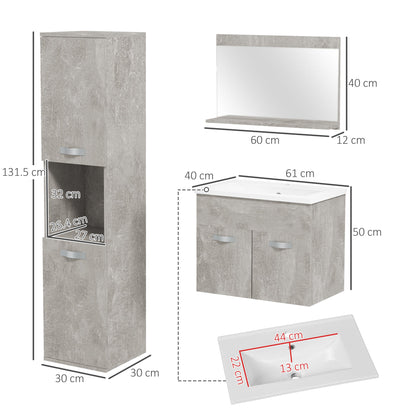 Grey 4 Piece Bathroom Furniture Set with 60cm Sink, Cabinet, Bathroom Column and Wooden Mirror, Grey