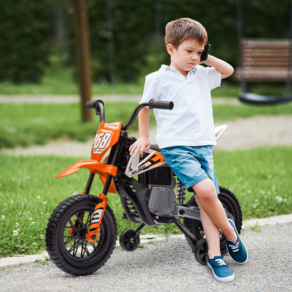 Electric Motorcycle for Kids with Removable Training Wheels, Suspension, Sounds and Charge Indicator, Orange