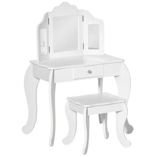 Children's Dressing Table with Stool and Triple Mirror, Wood and Acrylic, 63x40x85.5 cm, White
