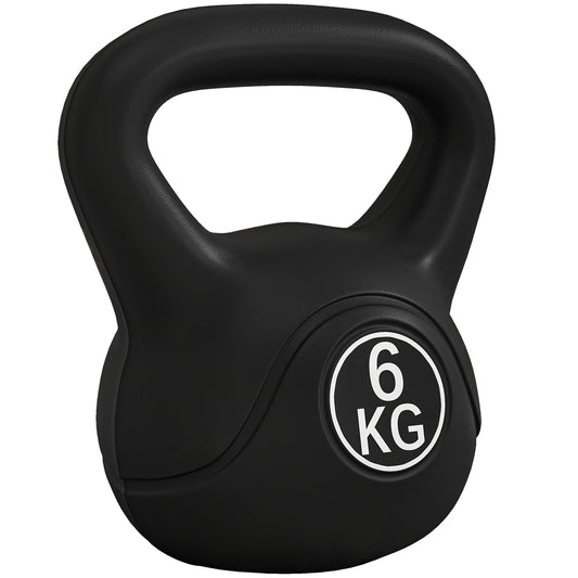 Kettlebell 6kg in Plastic and Sand with Flat Base and Handle, 20x13x22 cm, Black