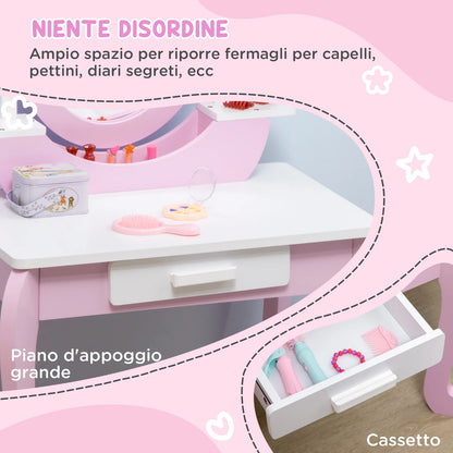 Kids Pink Vanity Table Set with Mirror & Stool
