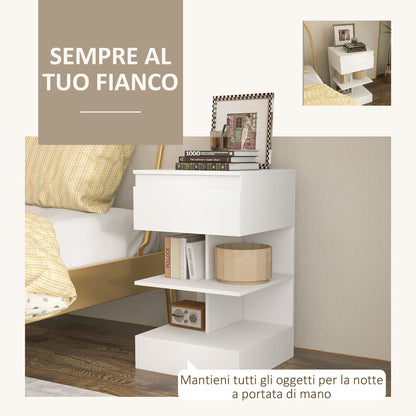 Modern Bedside Table in Chipboard and MDF with a Drawer and 2 Shelves, 39x39x65 cm, White
