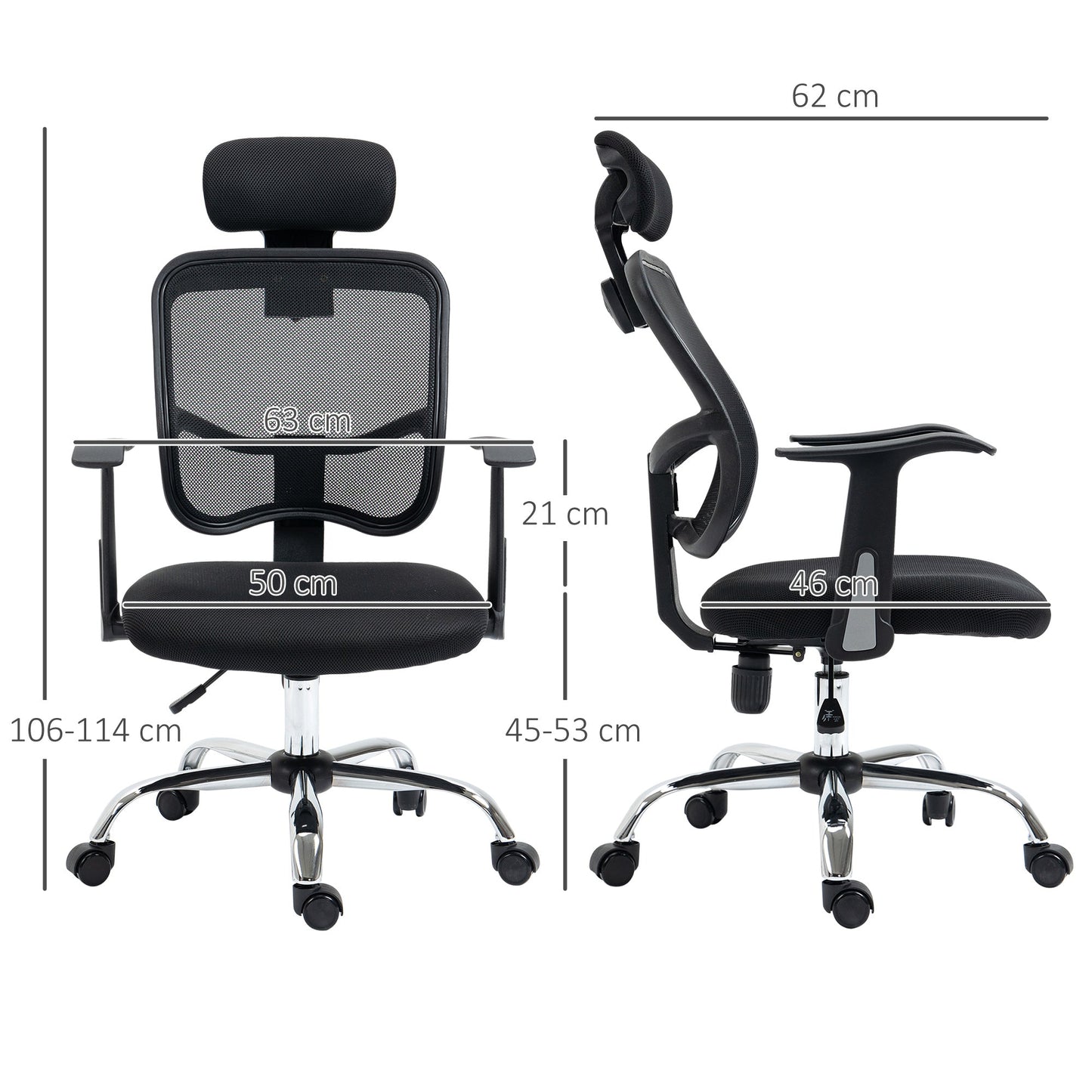 Ergonomic Office Chair with Adjustable Seat and Headrest, in Polyester and Steel, 63x62x106-114 cm, Black