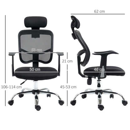 Ergonomic Office Chair with Adjustable Seat and Headrest, in Polyester and Steel, 63x62x106-114 cm, Black