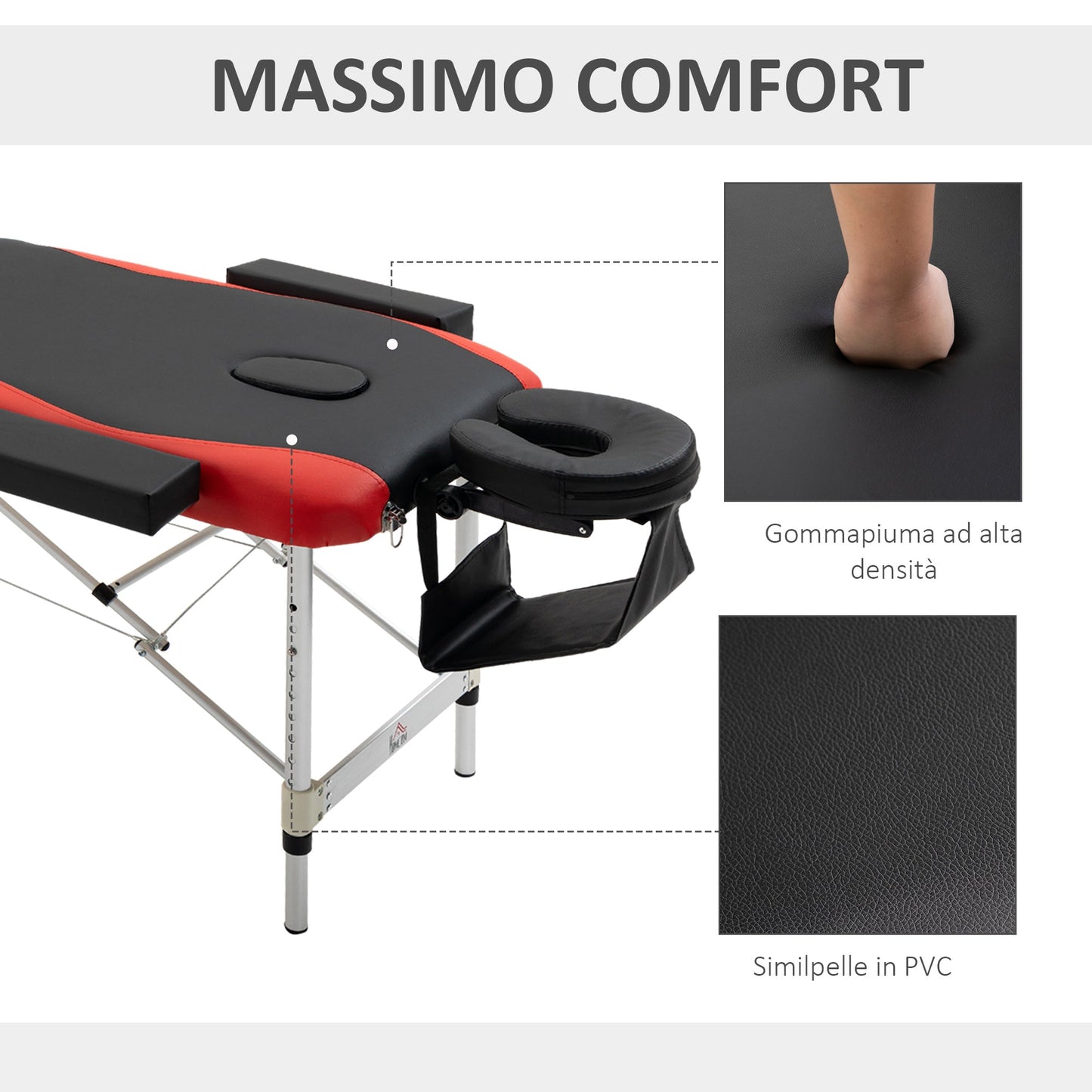 Foldable Massage and Beauty Table with Adjustable Height, Professional Massage Bed in Aluminum and Plastic, 215x60x61-84 cm, Black and Red