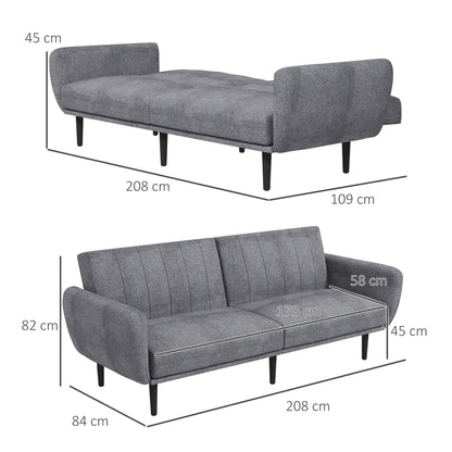 3 Seater Sofa Bed with 3-Level Reclining Backrest in Fabric, 208x84x82cm, Grey