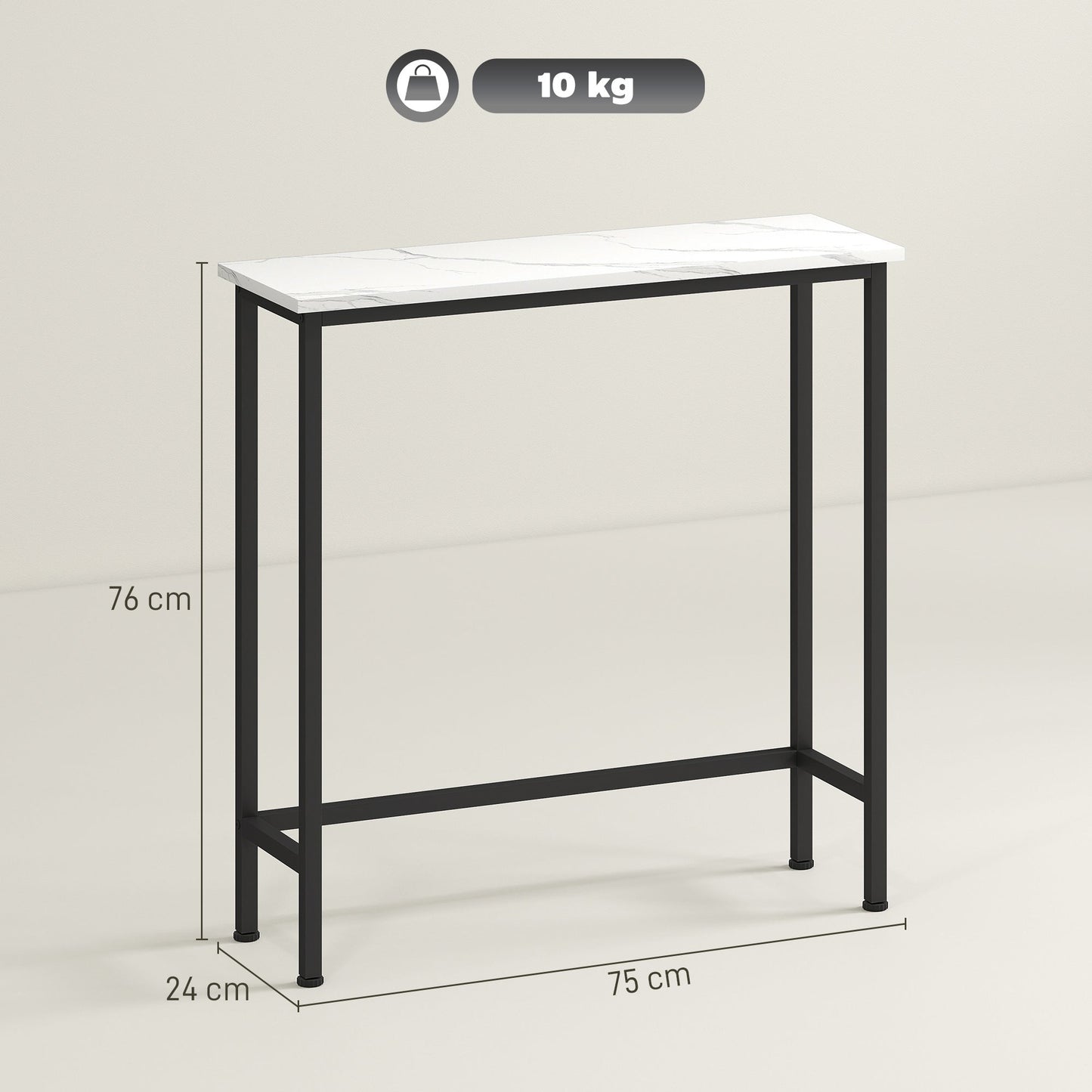 Entrance Console Table with Marble-Effect Top, in Wood and Steel, 75x24x76 cm, Black and White