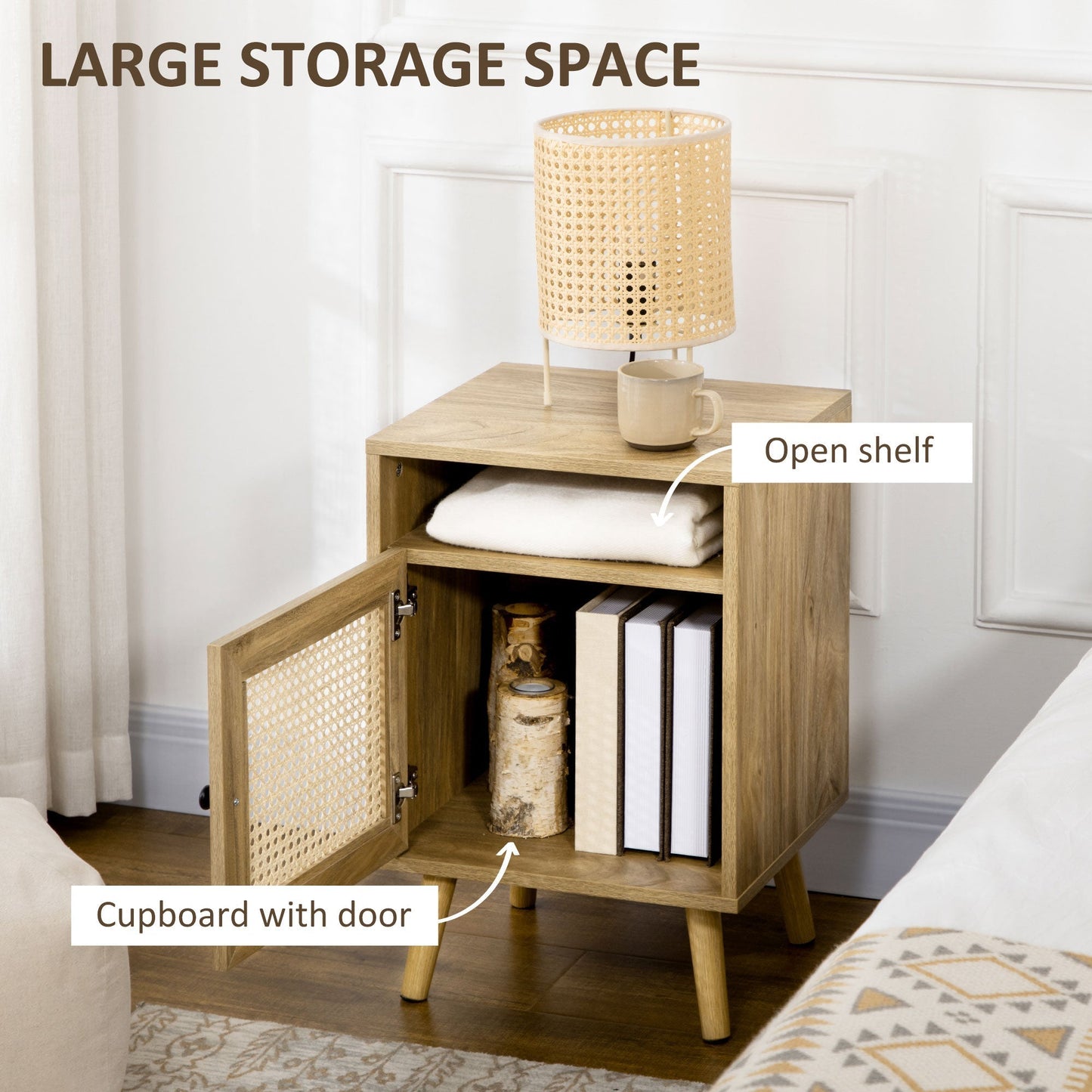 Set of 2 Boho Style Nightstands with Cabinet and Open Shelf, Chipboard, Rattan and MDF, 39x35x60 cm