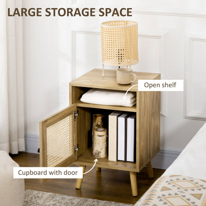 Set of 2 Boho Style Nightstands with Cabinet and Open Shelf, Chipboard, Rattan and MDF, 39x35x60 cm