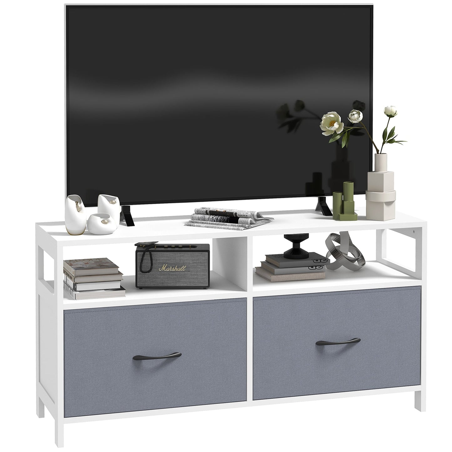 45" max TV Stand in MDF and Non-Woven Fabric with 2 Drawers and 2 Shelves, 100x30x53 cm, White and Grey