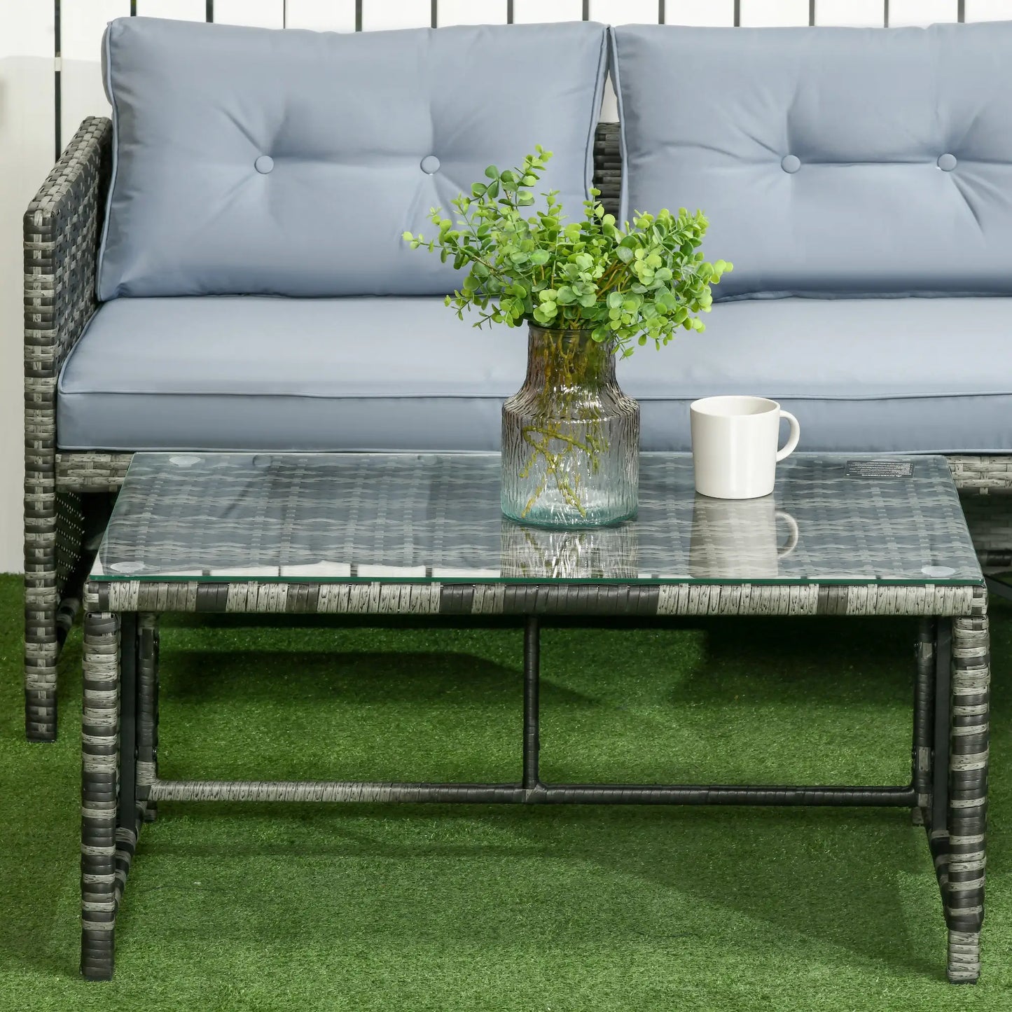 Garden Lounge Set with Sofa, Chaise Longue and Coffee Table in PE Rattan with Cushions, Grey