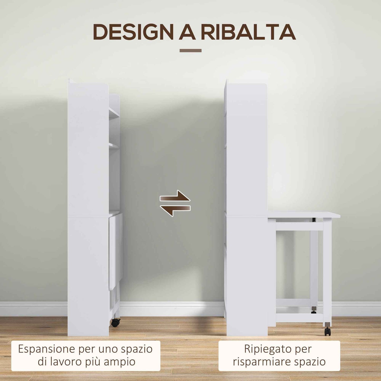 Folding Desk with 4-Tier Bookcase, 2 Wheels and Cable Hole, 80x69x155 cm, White