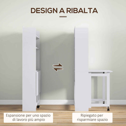 Folding Desk with 4-Tier Bookcase, 2 Wheels and Cable Hole, 80x69x155 cm, White