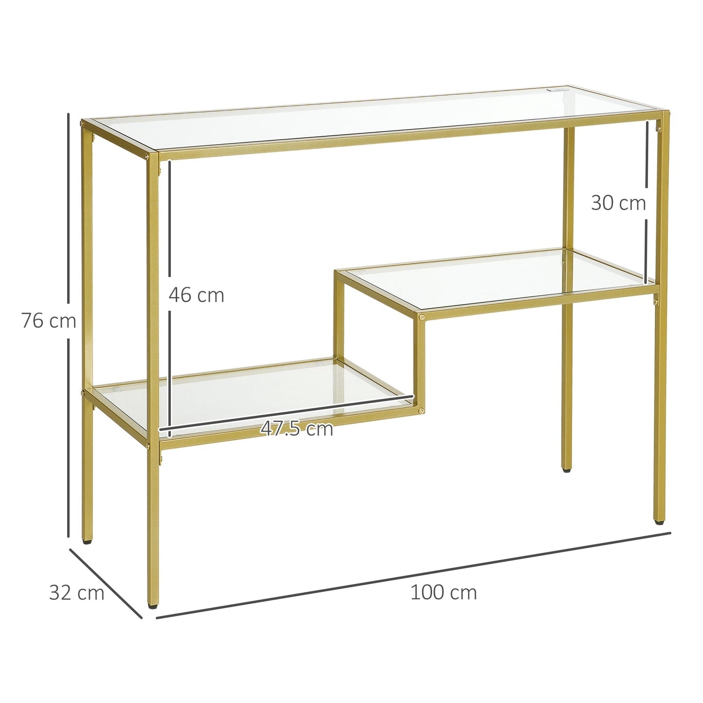 3-Tier Steel and Tempered Glass Entryway Console Table, 100x32x76 cm, Gold