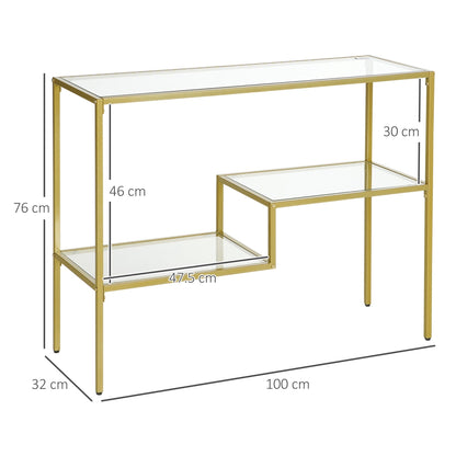 3-Tier Steel and Tempered Glass Entryway Console Table, 100x32x76 cm, Gold