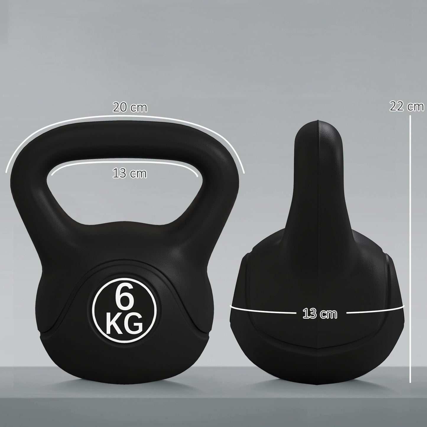 Kettlebell 6kg in Plastic and Sand with Flat Base and Handle, 20x13x22 cm, Black
