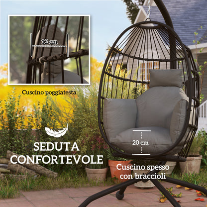 Hanging Egg Chair with Adjustable Hook, 2 Cushions and Basket, Steel, 120x88x192 cm, Black and Grey