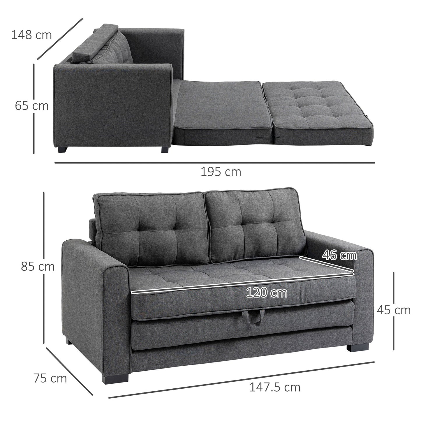 2-Seater Fabric Sofa Bed with Padding and Springs, 151x75x85 cm, Grey