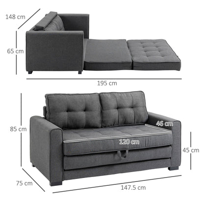 2-Seater Fabric Sofa Bed with Padding and Springs, 151x75x85 cm, Grey