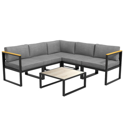 Lounge Set with Sofa and Coffee Table in Aluminum with Padded Cushions, Grey