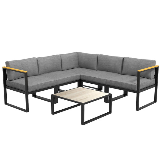Lounge Set with Sofa and Coffee Table in Aluminum with Padded Cushions, Grey