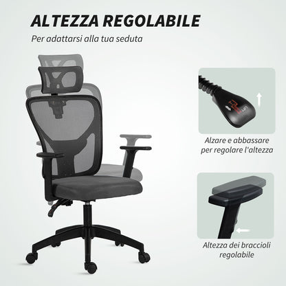 Ergonomic and Adjustable Office Chair with Lumbar Support and Headrest, 66x61x106-116 cm, Grey