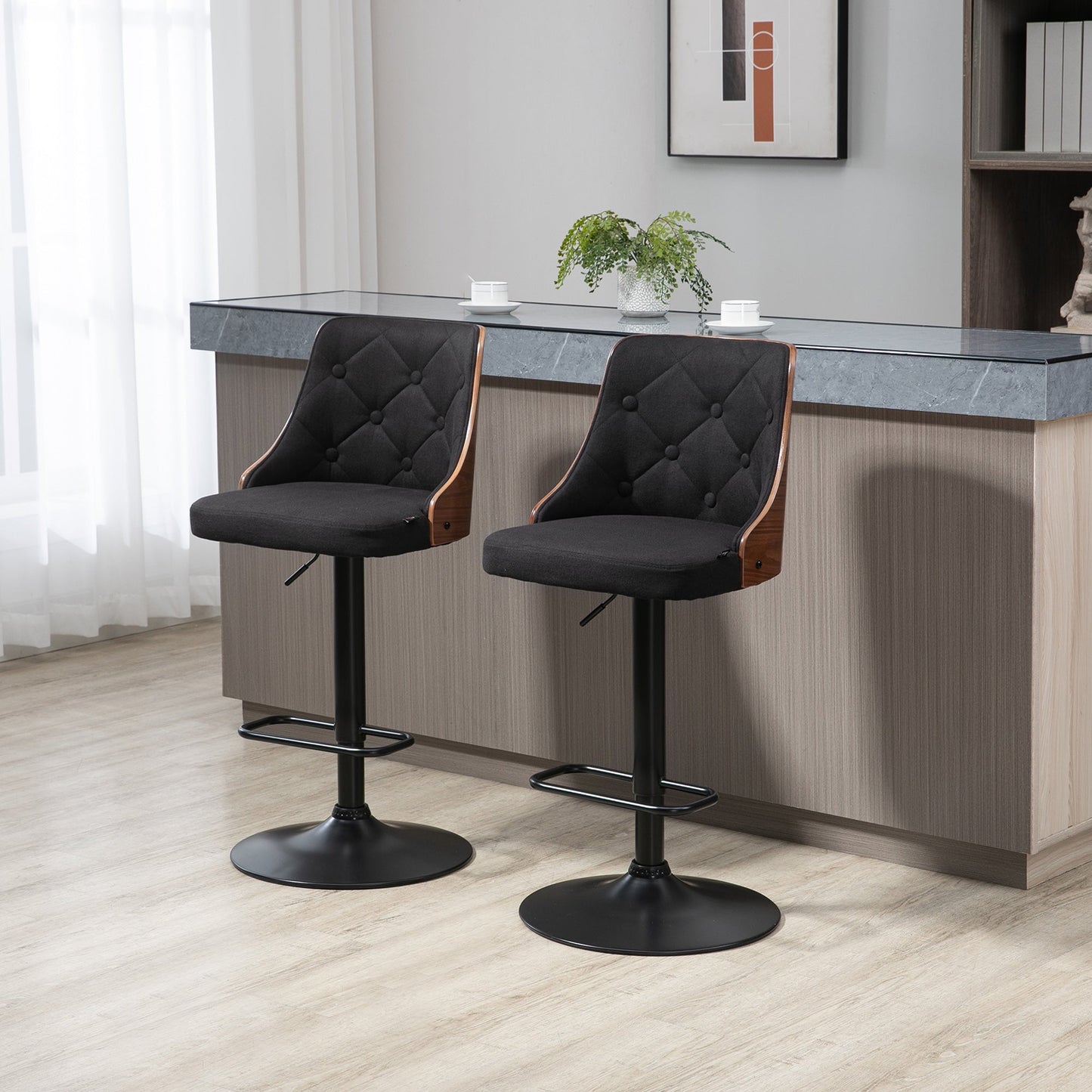 VENERA | Set of 2 Swivel Bar Stools with Adjustable Height for Kitchen and Living Room, 47.5x50x93.5-116 cm, Black and Walnut
