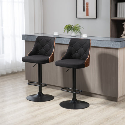 VENERA | Set of 2 Swivel Bar Stools with Adjustable Height for Kitchen and Living Room, 47.5x50x93.5-116 cm, Black and Walnut