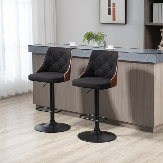 VENERA | Set of 2 Swivel Bar Stools with Adjustable Height for Kitchen and Living Room, 47.5x50x93.5-116 cm, Black and Walnut