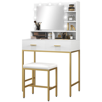 Vanity Makeup Table with Mirror, 2 Drawers, 5 Shelves and Stool, in MDF and Chipboard, 80x40x138 cm, White