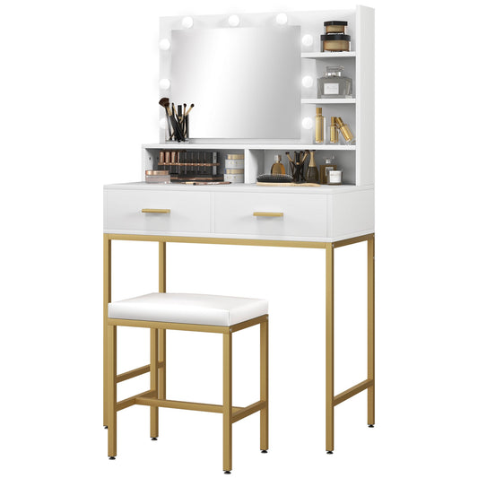 Vanity Makeup Table with Mirror, 2 Drawers, 5 Shelves and Stool, in MDF and Chipboard, 80x40x138 cm, White