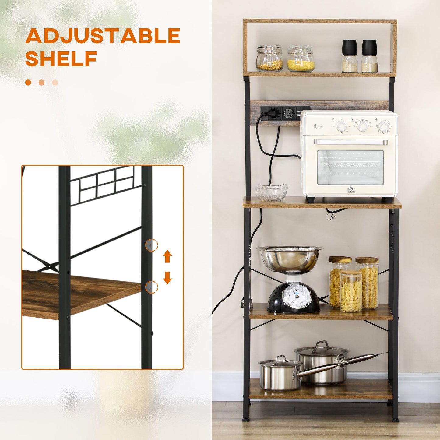 Kitchen Shelf with Power Socket, Shelves and Hooks Industrial Style, 60x42x153cm, Brown